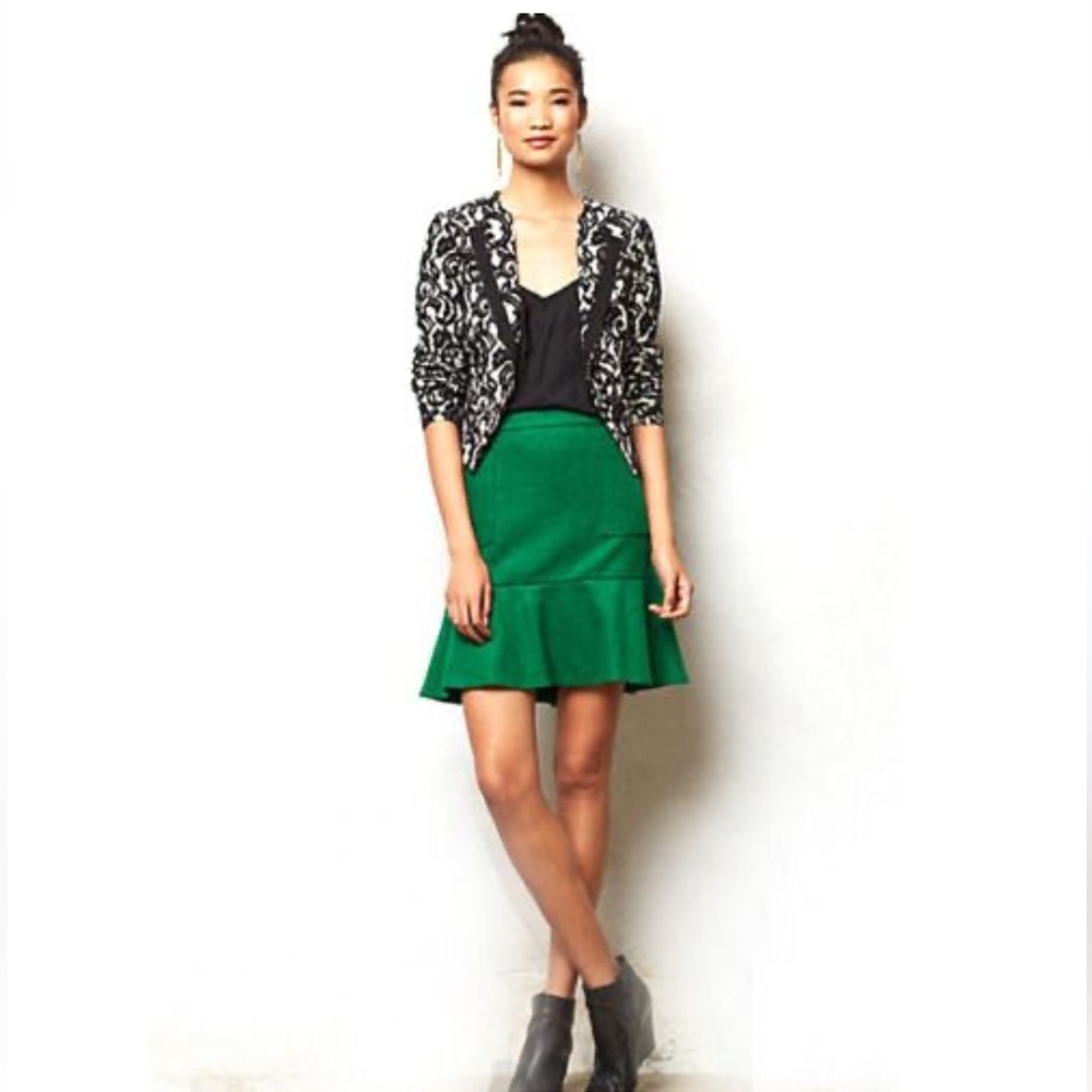 Anthropologie Green Ruffled Trumpet Mini Skirt